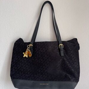 Tommy Hilfiger Black Monogram Handbag Suede & Leather Y2K Work Bag Luxury